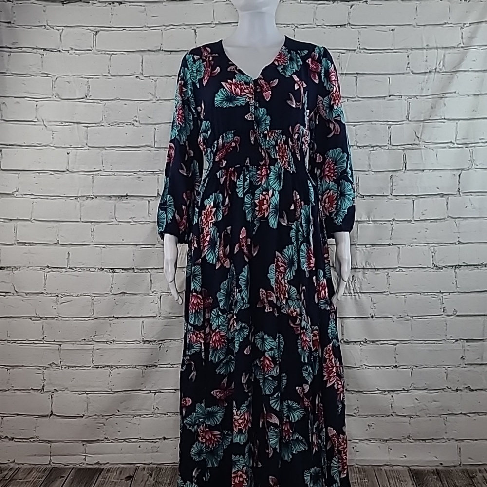 Jaase Flowy Boho V-Neck Coy Fish Floral Balloon Sleeve Maxi Dress in Navy Multi